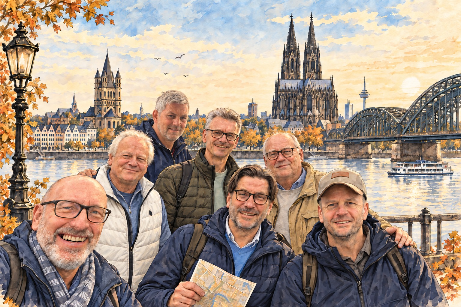 Illustration der sieben Gildebrüder am Rhein vor dem Kölner Dom; Helge lächelt im Hintergrund.