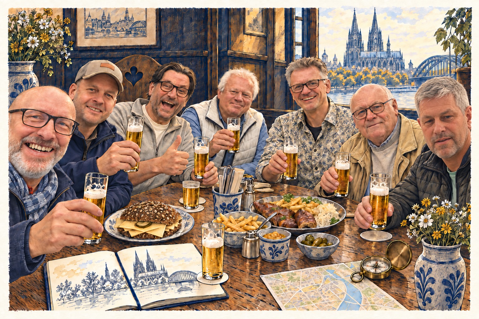 Humorvolle Illustration der sieben Gildebrüder beim gemeinsamen Essen im Brauhaus, mit fröhlichem Helge.